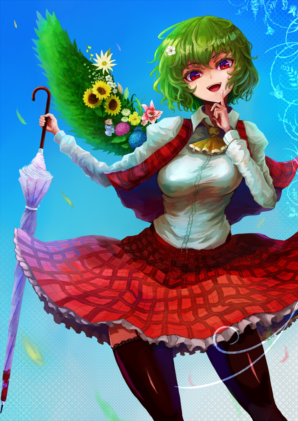 amaguri_(artist) ascot black_legwear blood blue_background blue_eyes colored_eyelashes flower green_hair highres kazami_yuuka lace lace-trimmed_thighhighs looking_at_viewer multicolored_eyes open_mouth parasol plaid plaid_skirt plaid_vest plant_wings red_eyes rose shirt short_hair single_wing skirt skirt_set sky solo sunflower thigh-highs thighhighs touhou umbrella white_shirt wings