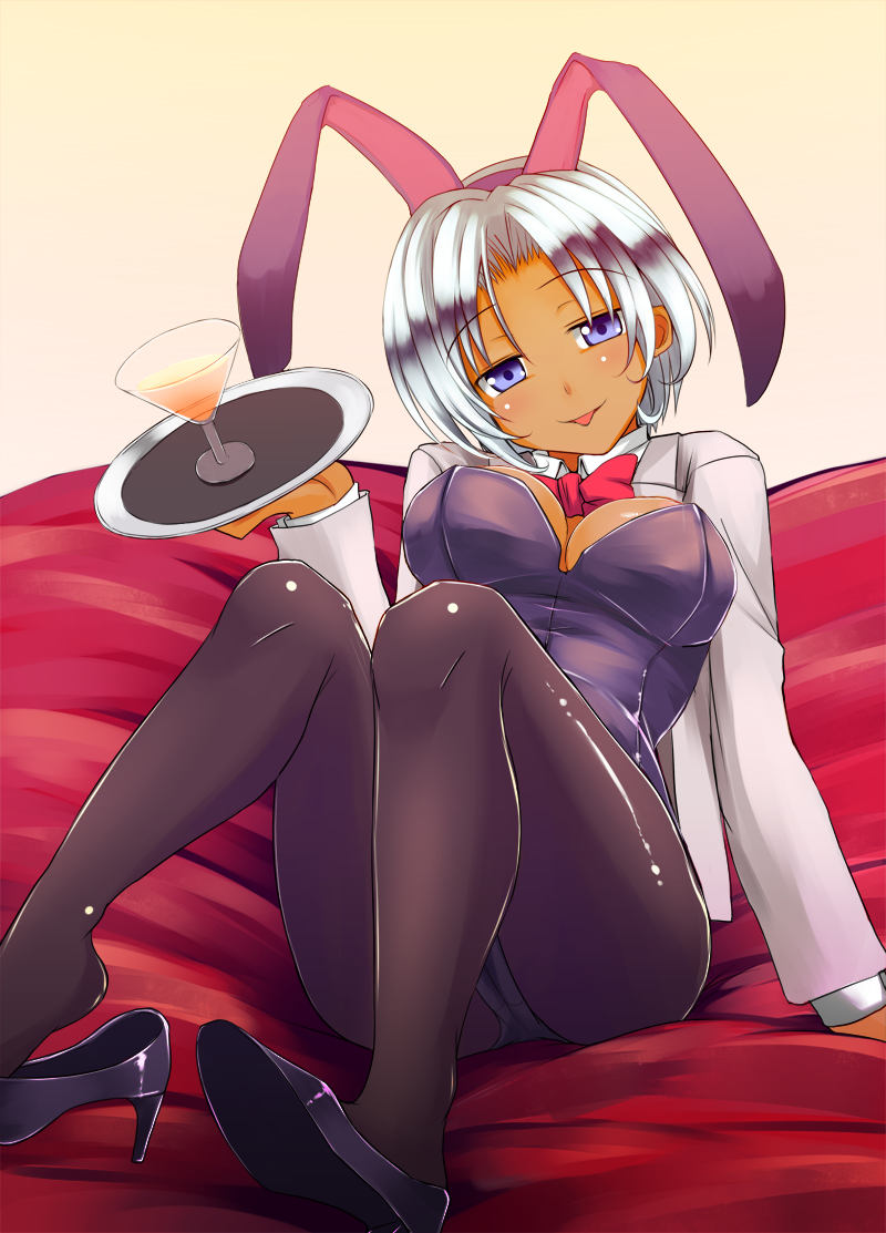 ass bad_id black_legwear bow breasts bunnysuit cleavage cocktail dark_skin female high_heels iwanori open_clothes open_jacket original pantyhose purple_eyes shoe_dangle shoes short_hair silver_hair sitting smile solo tongue tongue_out tray violet_eyes