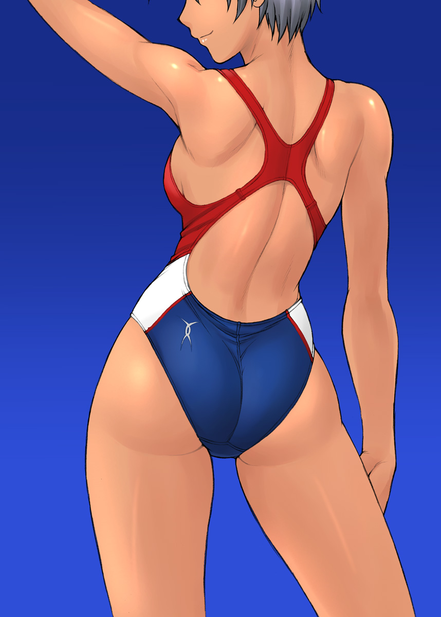 arm_up ass bang-you black_hair butt_crack competition_swimsuit dark_skin from_behind gradient gradient_background head_out_of_frame highres looking_at_viewer one-piece_swimsuit original solo swimsuit tan toned