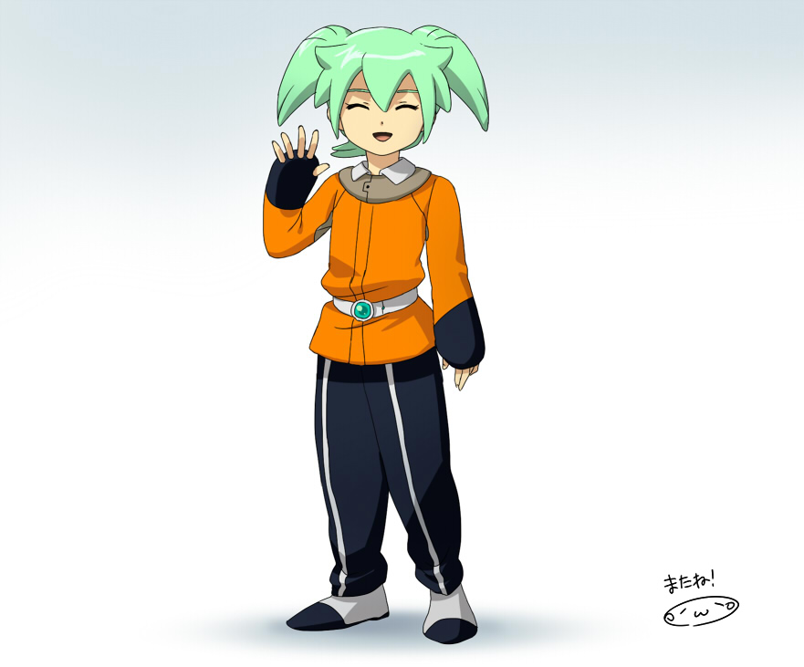 1boy closed_eyes fei_rune fingerless_gloves gloves green_hair inazuma_eleven_(series) inazuma_eleven_go inazuma_eleven_go_chrono_stone male mizuhara_aki open_mouth solo standing