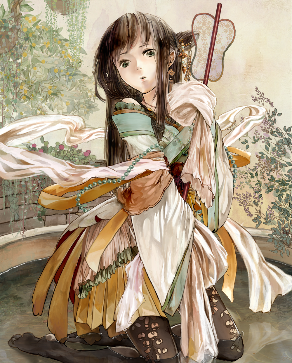 bare_shoulders beads black_legwear brown_hair character_request chinese_clothes diao_chan fan green_eyes highres japanese_clothes jewelry kneeling long_hair mi-so necklace original pantyhose romance_of_the_three_kingdoms sangokushi_taisen sengoku_basara shawl solo water