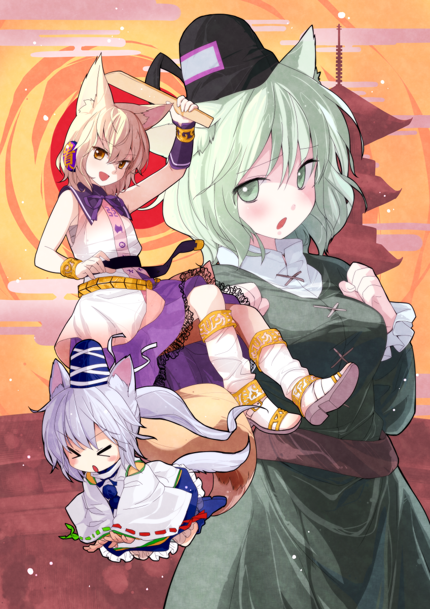 &gt;_&lt; :d :o all_fours animal_ears arm_up belt blonde_hair blush_stickers boots bracelet cat_ears cat_tail chagen_kokimu closed_eyes dress eyes_closed green_dress green_eyes green_hair hands_on_own_chest hat hat_ribbon headphones highres japanese_clothes jewelry kariginu kemonomimi_mode long_hair long_sleeves looking_at_viewer mononobe_no_futo multiple_girls open_mouth pagoda ponytail ribbon ritual_baton sash shirt short_hair silver_hair skirt sleeveless sleeveless_shirt smile soga_no_tojiko sun tail touhou toyosatomimi_no_miko wide_sleeves yellow_eyes