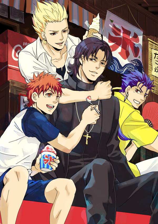 black_hair blonde_hair blue_hair brown_eyes cross cross_necklace emiya_shirou fan fate/stay_night fate_(series) food gilgamesh ice_cream ikuyanyan jewelry kakigoori kooribata kotomine_kirei lancer male multiple_boys necklace paper_fan red_eyes red_hair redhead shaved_ice summer t-shirt uchiwa