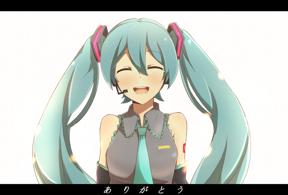 aqua_hair closed_eyes detached_sleeves eyes_closed hatsune_miku headset kariosuto21 letterboxed long_hair necktie open_mouth simple_background twintails vocaloid white_background