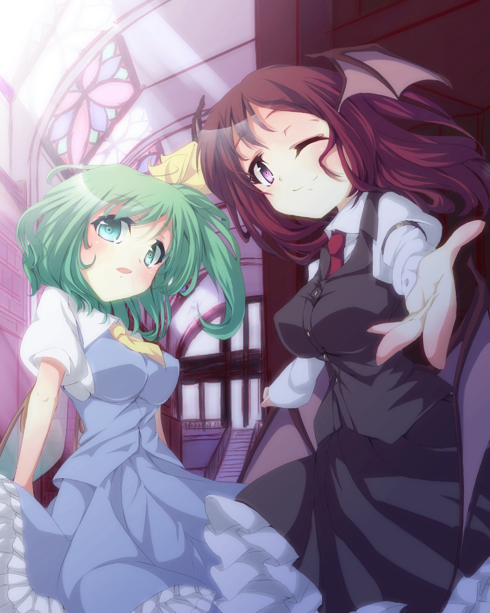 aqua_eyes arm_strap bad_hands daiyousei demon_wings dress error green_hair head_wings highres impossible_clothes impossible_dress impossible_vest indoors koakuma long_skirt long_sleeves multiple_girls necktie open_mouth outstretched_hand puffy_long_sleeves puffy_short_sleeves puffy_sleeves purple_eyes red_hair redhead sawara_(starligtvision) short_sleeves side_ponytail skirt skirt_set stained_glass stairs sunlight touhou vest violet_eyes window wings wink