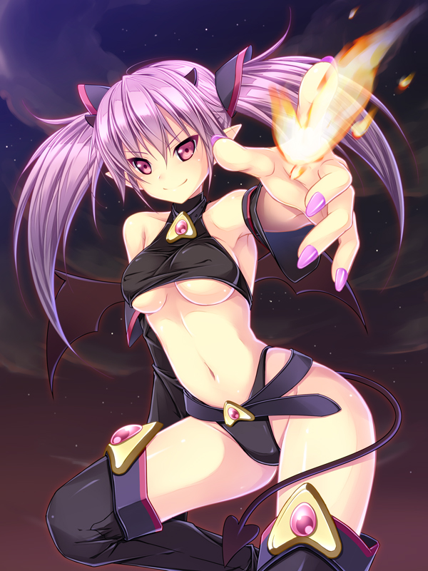 almax aruma_(almax) bad_id black_legwear breasts cleavage cloud demon demon_girl demon_tail demon_wings detached_sleeves fire horns legwear long_hair midriff monster_girl nail_polish navel night original outstretched_arm pink_eyes pink_hair pointy_ears smile solo star_(sky) succubus tail thigh-highs thighhighs twintails under_boob underboob wings
