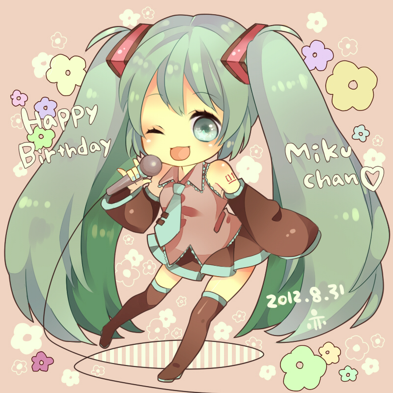 2012 \m/ boots character_name chibi dated detached_sleeves green_eyes green_hair happy_birthday hatsune_miku long_hair mata microphone necktie open_mouth skirt solo thigh-highs thigh_boots thighhighs twintails very_long_hair vocaloid wink