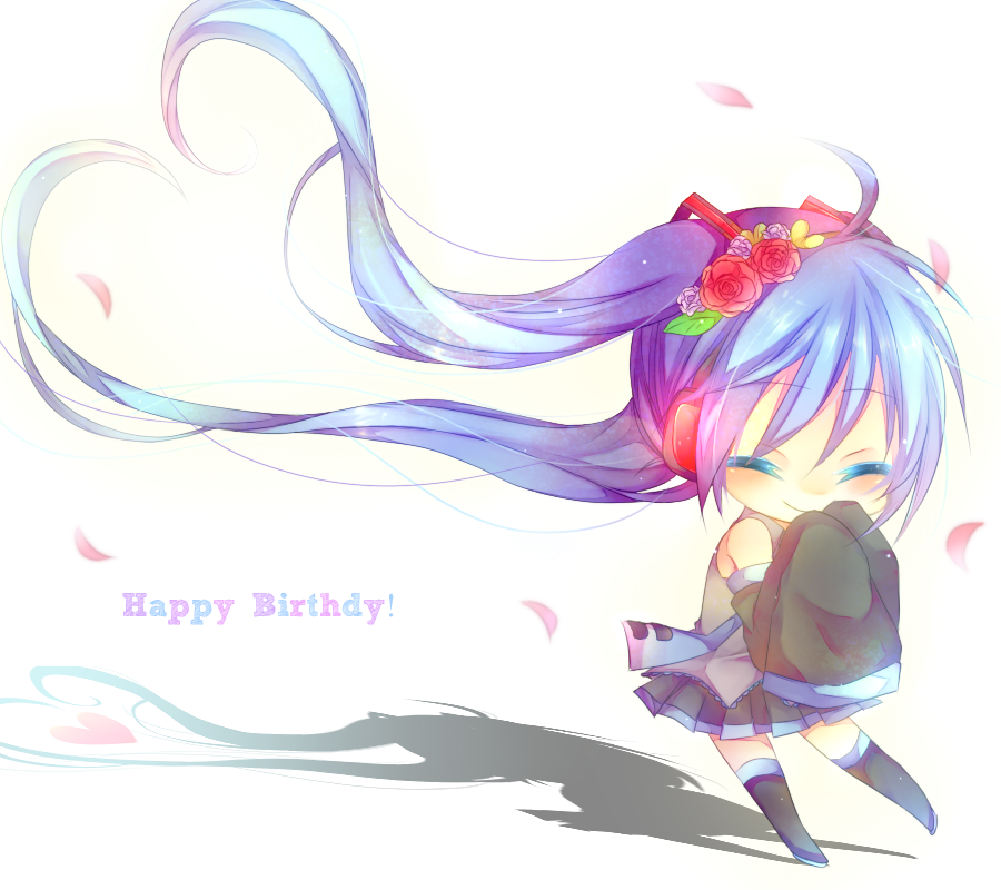 ahoge blue_hair chibi closed_eyes detached_sleeves floating_hair flower hair_flower hair_ornament happy_birthday hatsune_miku kanataww long_hair necktie petals simple_background skirt sleeves_past_wrists smile solo thighhighs twintails very_long_hair vocaloid white_background