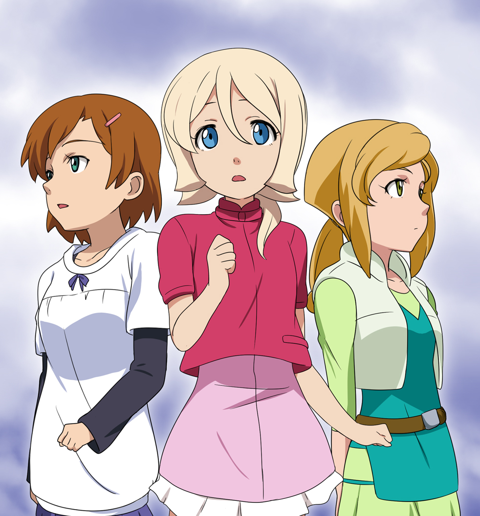 aqua_eyes belt blonde_hair blue_eyes brown_hair collarbone dress emily_armond gundam gundam_age ikari_manatsu light_brown_hair long_hair multiple_girls no_legwear open_mouth payot ribbon romary_stone time_paradox vest wendy_hearts