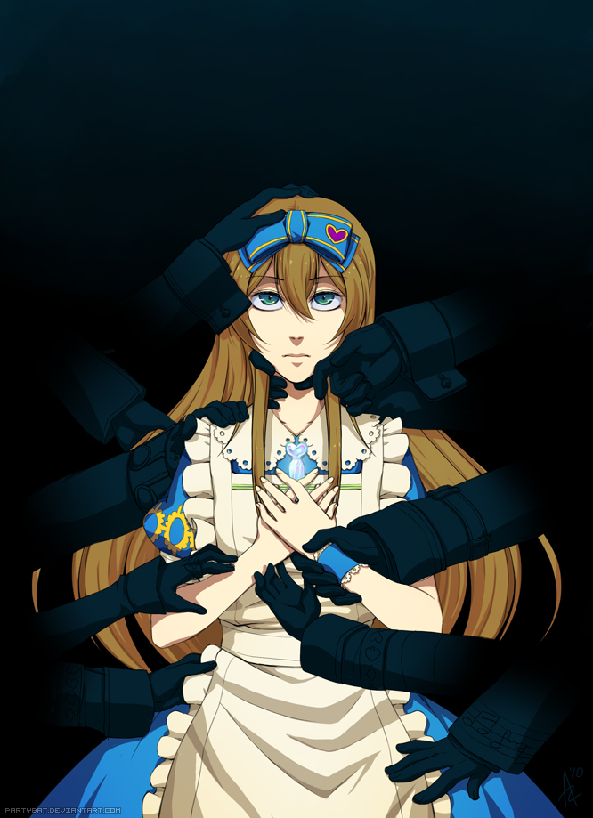 6+boys ace_(kuni_no_alice) alice_liddell apron artist_name black_background blood_dupre blue_eyes boris_airay bow brown_hair dress elliot_march fingernails frills gloves hair_between_eyes hair_bow hand_on_another's_cheek hand_on_another's_head hand_on_another's_shoulder hand_on_another's_cheek hand_on_another's_head hand_on_another's_shoulder hands hands_on_own_chest heart heart_no_kuni_no_alice jewelry long_dress long_hair long_sleeves looking_at_viewer mary_gowland multiple_boys neck_grab nightmare_gottschalk peter_white puffy_sleeves ring short_sleeves signature tweedle_dee tweedle_dum vial watermark web_address wrist_grab wristband