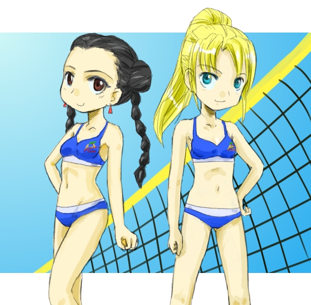 2girls bare_shoulders beach_volleyball bikini black_hair blonde_hair blue_bikini blue_eyes braid brown_eyes double_bun duo hand_on_hip midriff multiple_girls nakroom navel pai_chan players ponytail sarah_bryant sportswear swimsuit team twin_braids virtua_fighter volleyball_net