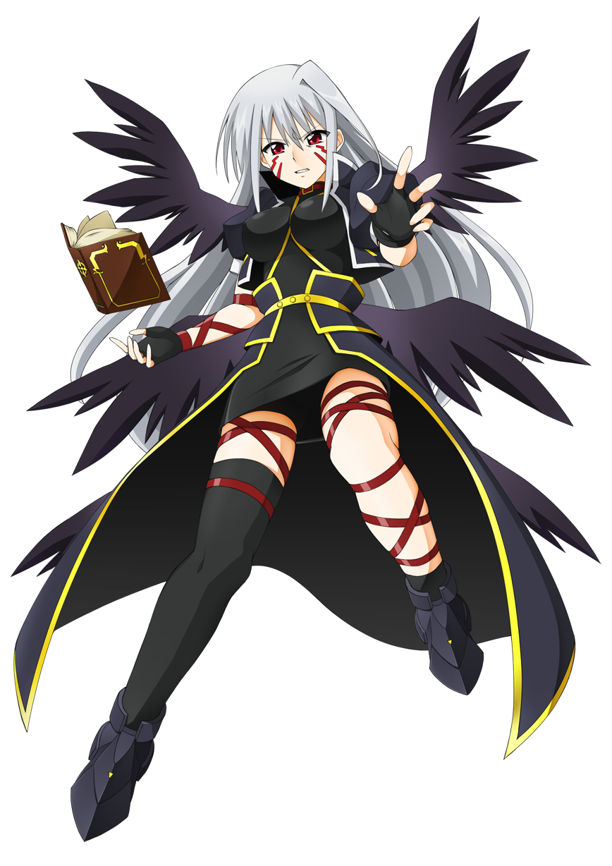 1girl angry black_wings book boots cerasus facial_mark fingerless_gloves gloves highres jacket long_hair lyrical_nanoha mahou_shoujo_lyrical_nanoha mahou_shoujo_lyrical_nanoha_a's multiple_wings red_eyes reinforce silver_hair single_thighhigh skirt solo thigh-highs thigh_strap tome_of_the_night_sky wings