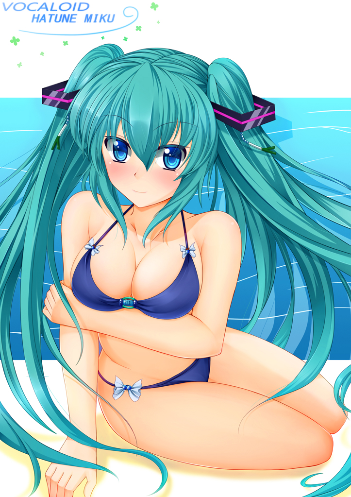 aqua_eyes aqua_hair arm_grab arm_support bangs bikini blue_bikini blue_eyes blush bow_bikini breast_hold breasts character_name cleavage curvy hair_between_eyes hair_ornament hatsune_miku leaning_forward light_smile long_hair looking_at_viewer payot pool poolside sei_(6862879) shadow sideboob sitting smile solo spring_onion string_bikini swimsuit title_drop twintails very_long_hair vocaloid water