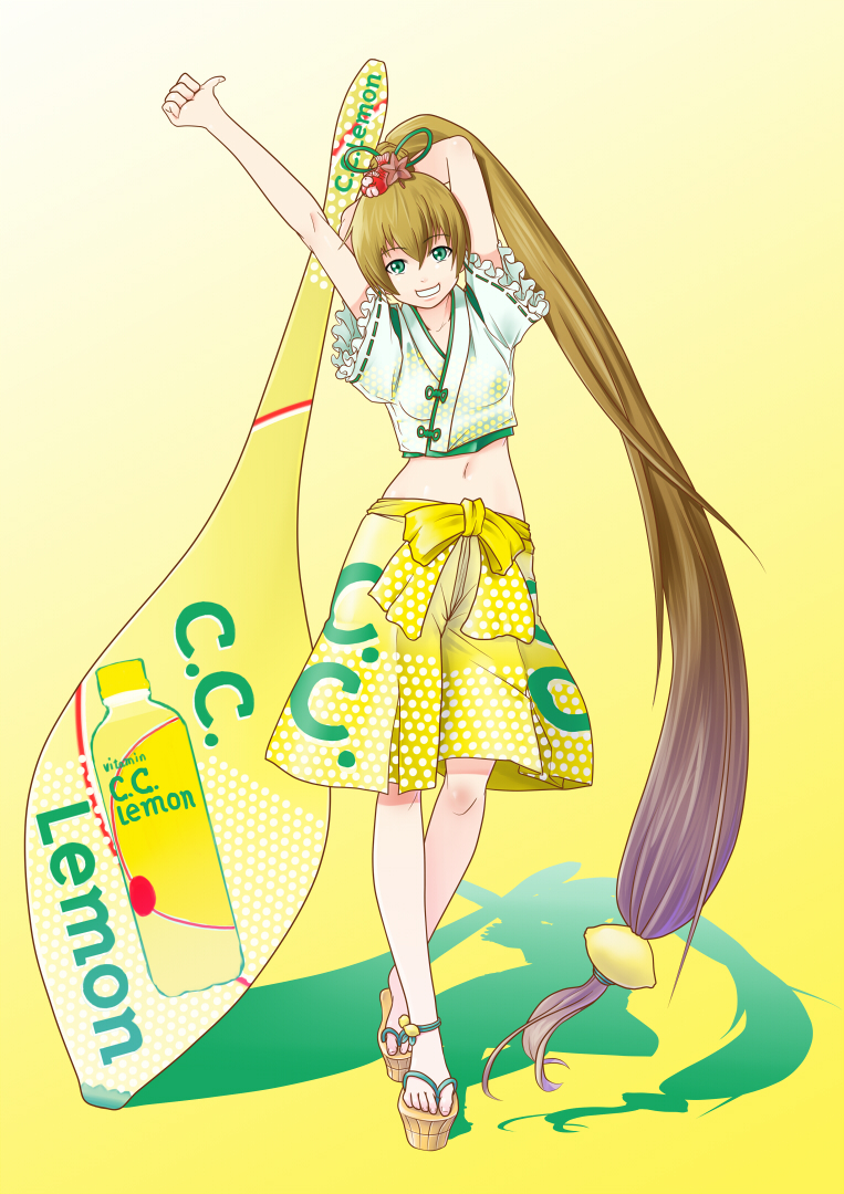 anklet arm_behind_head arm_up barefoot bow brown_hair c.c._lemon c.c._lemon_(character) crossed_legs_(standing) food food_themed_clothes frills fruit geta green_eyes grin hair_bow hakama japanese_clothes jewelry lemon long_hair midrif midriff navel outstretched_arm platform_sandals ponytail raybar sandals shorts smile solo thumbs_up very_long_hair