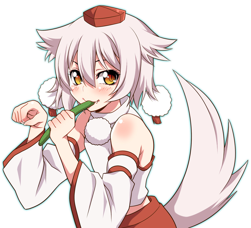 animal_ears bare_shoulders blush cucumber detached_sleeves fang hat inubashiri_momiji paw_pose short_hair silver_hair smile solo tail tokin_hat touhou uousa white_background wide_sleeves wolf_ears wolf_tail yellow_eyes