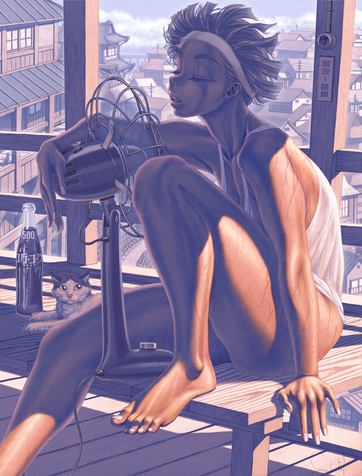 arm_support barefoot bottle bottomless cat cityscape closed_eyes cloud clouds coca-cola dark_skin electric_fan eyes_closed fan fanning_face feet headband knee_up open_mouth original same_(carcharodon) sepia shade short_hair signature sitting sky solo sunlight sweat town wind wooden_floor