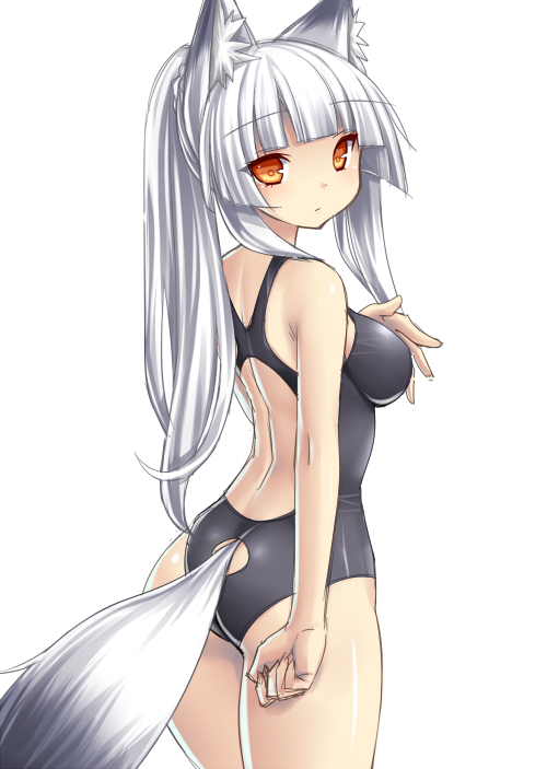 animal_ears ass ass_cutout bare_back bare_shoulders breasts competition_swimsuit fox_ears fox_tail hime_cut large_breasts long_hair looking_at_viewer one-piece_swimsuit orange_eyes original ponytail rough silver_hair simple_background solo swimsuit tail tsukumiya_amane white_background white_hair