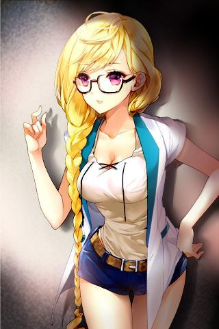 belt blonde_hair breasts cleavage curvy denim_shorts glasses hand_on_hip hips leaning_forward legs overcoat short_shorts side_braid sword_girls thighs unbuttoned violet_eyes wide_hips