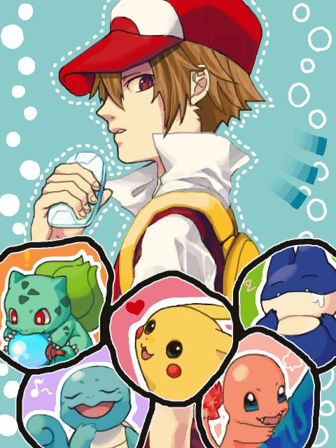 1boy aqua_background backpack bag baseball_cap brown_eyes bulbasaur charmander child dotted_outline hat heart munchlax musical_note pikachu pokemon pokemon_(creature) pokemon_(game) pokemon_frlg popped_collar red_(pokemon) red_(pokemon)_(remake) red_eyes simple_background squirtle tegaki vs_seeker