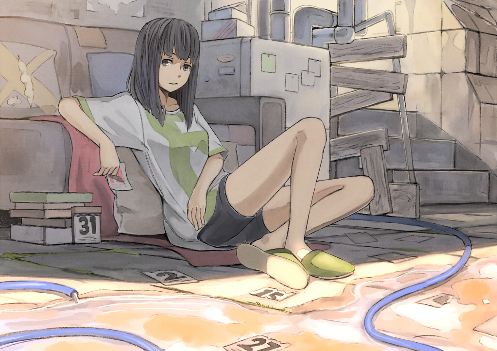 bike_shorts black_eyes black_hair calendar_(object) crossed_legs hose legs_crossed long_hair looking_at_viewer naro0427 on_floor original shade sitting slippers solo stairs sunlight t-shirt water