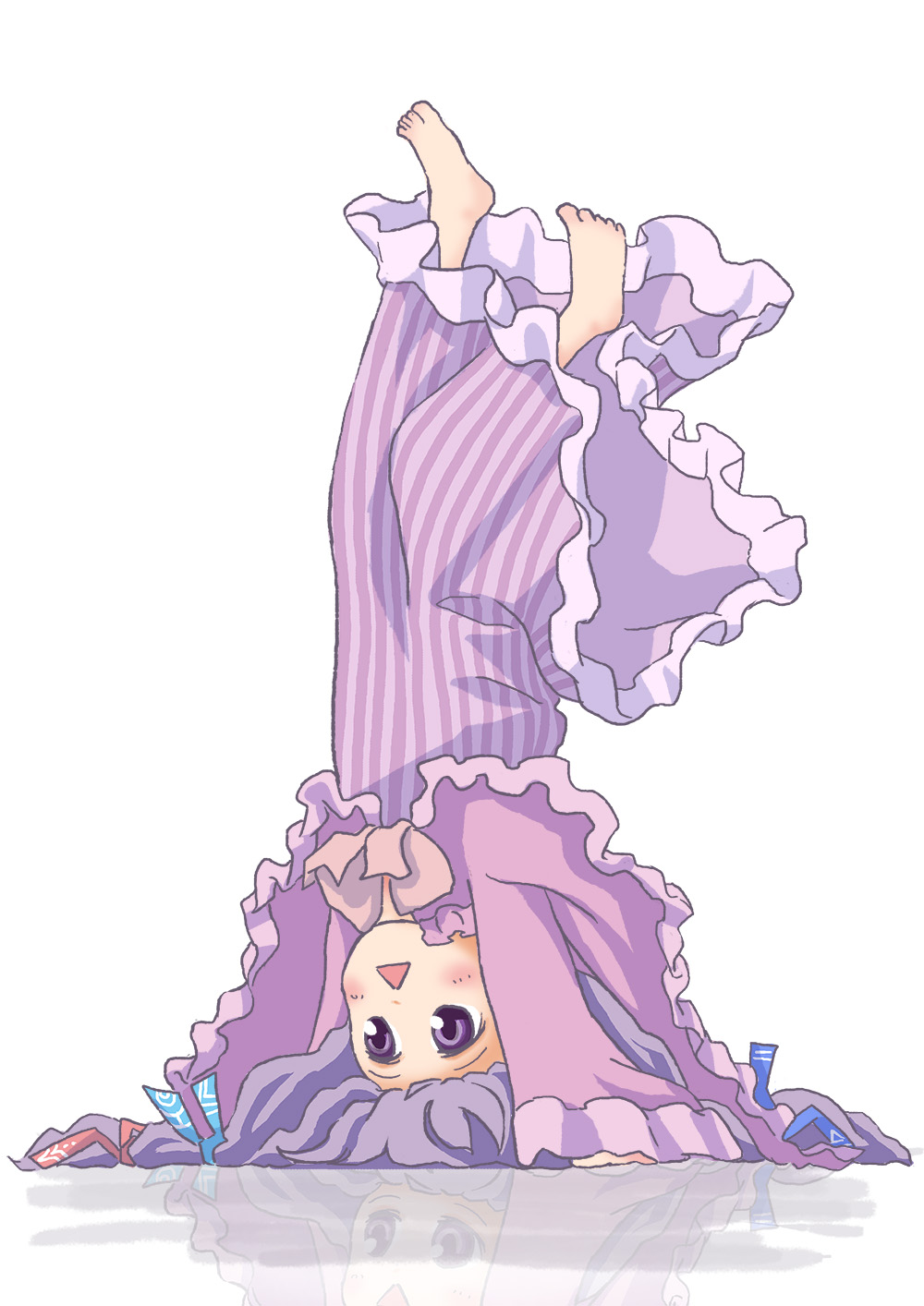 :&lt; barefoot chibi coat dress feet headstand highres long_hair long_sleeves open_mouth patchouli_knowledge purple_eyes purple_hair reflection reflective_floor solo striped striped_dress tako toes touhou upside-down violet_eyes wide_sleeves