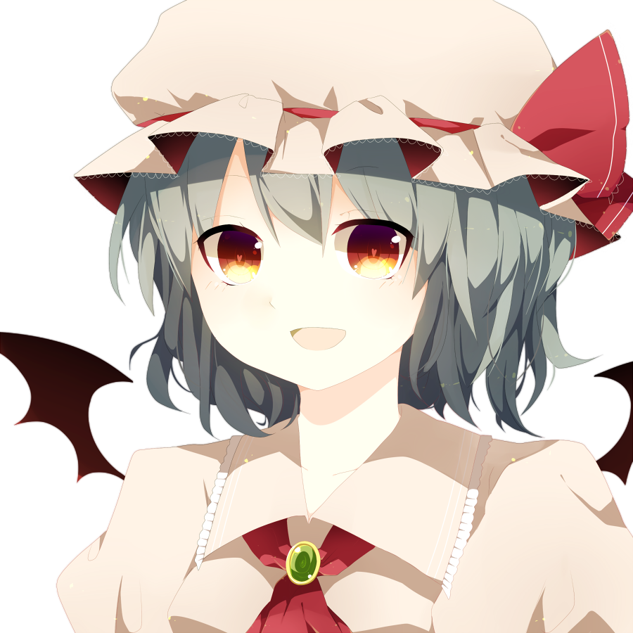 ascot bat_wings collar hanaon hat hat_ribbon heart heart-shaped_pupils looking_at_viewer open_mouth portrait red_eyes remilia_scarlet ribbon short_hair smile solo symbol-shaped_pupils touhou transparent_background wings