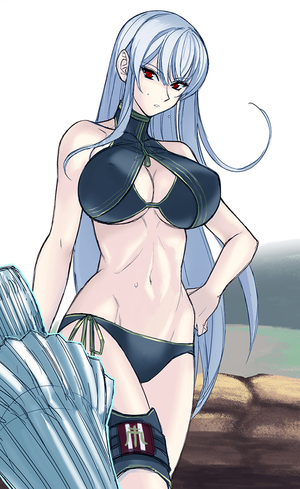 bare_shoulders bikini breasts cleavage cleavage_cutout halter_top halterneck hand_on_hip huge_breasts kimuchi lance long_hair looking_at_viewer navel polearm red_eyes selvaria_bles senjou_no_valkyria senjou_no_valkyria_1 side-tie_bikini silver_hair solo sweat swimsuit underboob very_long_hair weapon