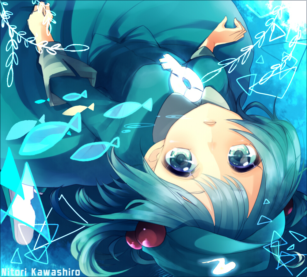 bangs blue_eyes blue_hair character_name etsuo fish frame hair_bobbles hair_ornament hat kawashiro_nitori long_sleeves looking_at_viewer shirt skirt skirt_set solo touhou twintails underwater upside-down