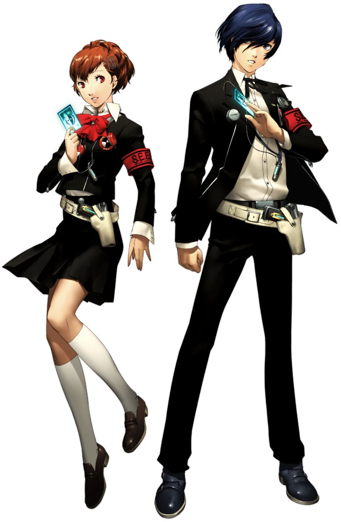 1boy 1girl arisato_minato armband blue_eyes blue_hair brown_hair digital_media_player female_protagonist_(persona_3) hair_ornament headphones holding_card official_art persona persona_3 persona_3_portable red_eyes school_uniform soejima_shigenori yuuki_makoto