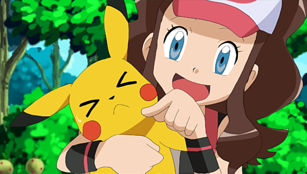 &gt;_&lt; 1girl baseball_cap blue_eyes brown_hair closed_eyes hat noyeshr pikachu pokemon pokemon_(anime) pokemon_(creature) pokemon_(game) pokemon_bw sweatdrop touko_(pokemon)