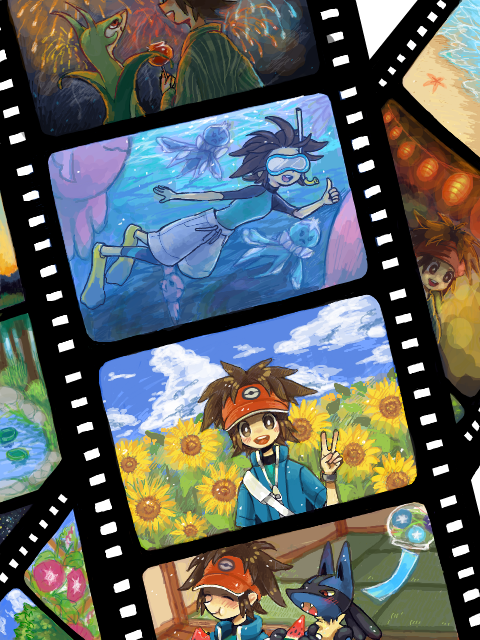 1boy alternate_costume big_hair brown_hair child closed_eyes cloud clouds eating eyes_closed film_strip fireworks flower food frillish fruit goggles grass hi_sakae jellicent kyouhei_(pokemon) lucario ocean open_mouth photo plant pokemon pokemon_(game) pokemon_bw2 river serperior sitting sky smile sunflower swimming tegaki v visor_cap water watermelon