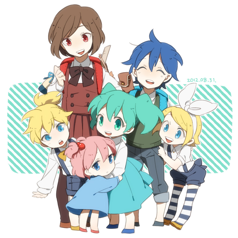 4girls age_difference child hatsune_miku kagamine_len kagamine_rin kaito megurine_luka meiko mioko multiple_boys multiple_girls open_mouth short_hair smile twintails vocaloid young