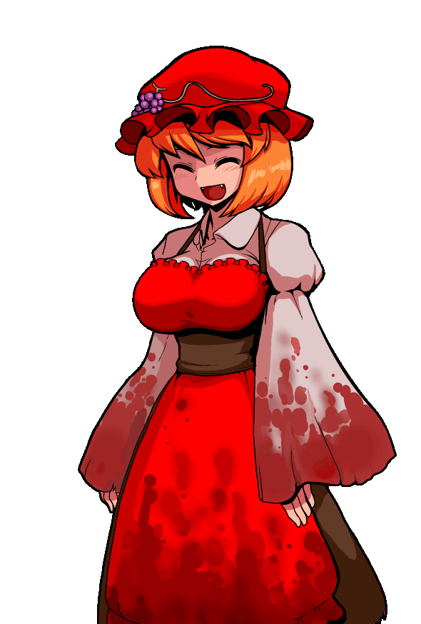 :d ^_^ aki_minoriko alternate_hair_color breasts closed_eyes eyes_closed fang fangs food fruit grapes hat long_sleeves mono_(moiky) open_mouth orange_hair puffy_sleeves smile solo touhou wide_sleeves