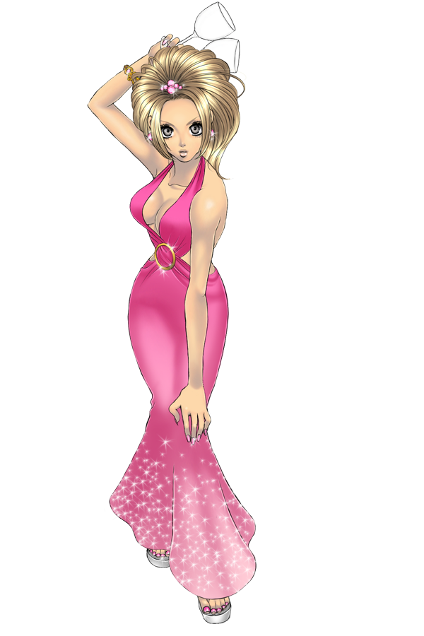 1girl alternate_costume alternate_hairstyle blonde_hair breasts brown_eyes cleavage cup flare flower gown gyaru hair_flower hair_ornament hand_on_knee kneehighs large_breasts natsu_(soulcalibur) ponytail sandals solo soul_calibur soulcalibur soulcalibur_v thigh_strap toenail_polish transparent_background updo vambraces wine_glass xuexue_yue_hua