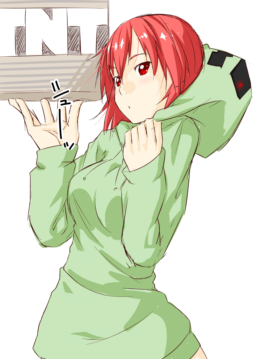 :o box creeparka creeper highres hoodie minecraft niwatazumi personification red_eyes red_hair redhead rough short_hair sketch solo tnt translated translation_request