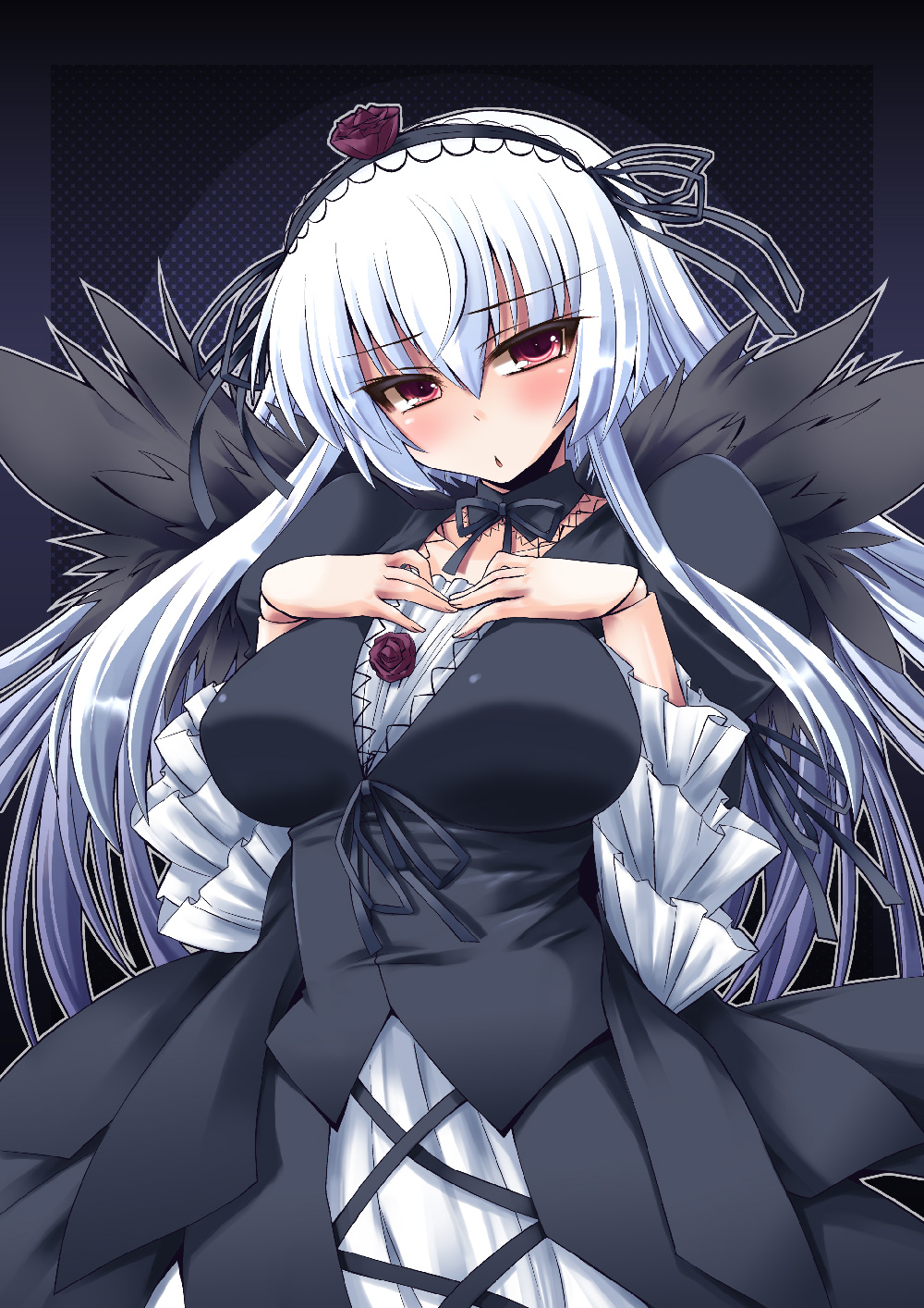 black_wings blush breasts doll_joints dress flower frills gothic_lolita hands_on_own_chest highres large_breasts lolita_fashion long_hair looking_at_viewer open_mouth purple_eyes rose rozen_maiden shinshin silver_hair solo suigintou violet_eyes wings