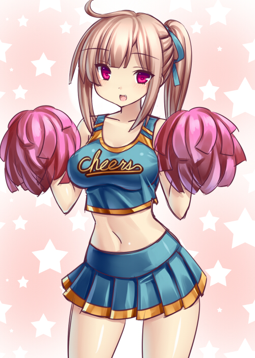 breasts brown_hair cheerleader clothes_writing cowboy_shot fang female hair_ribbon large_breasts light_brown_hair looking_at_viewer midriff navel open_mouth original pom_poms ponytail red_eyes ribbon simple_background skirt smile solo star starry_background tsukumiya_amane