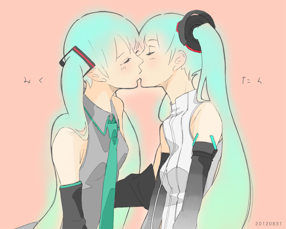 aqua_hair bare_shoulders blush character_name closed_eyes dated detached_sleeves eyes_closed hatsune_miku hatsune_miku_(append) kiss long_hair miku_append moiton multiple_girls necktie selfcest simple_background twintails vocaloid vocaloid_append yuri