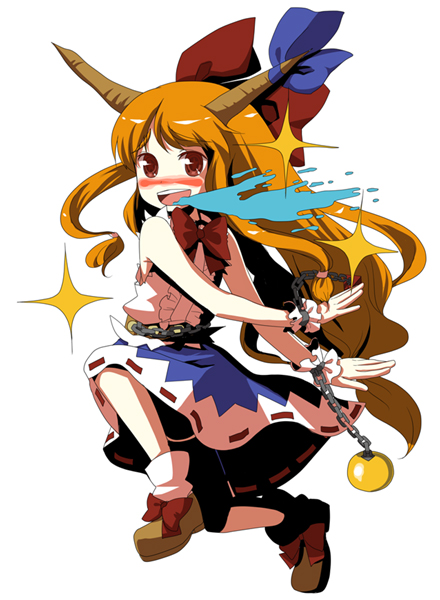 blush body_mahattaya_ginga bow brown_eyes chain chains hair_bow horn horns ibuki_suika long_hair open_mouth sleeveless solo sparkle star star-shaped_pupils symbol-shaped_pupils touhou very_long_hair white_background wrist_cuffs