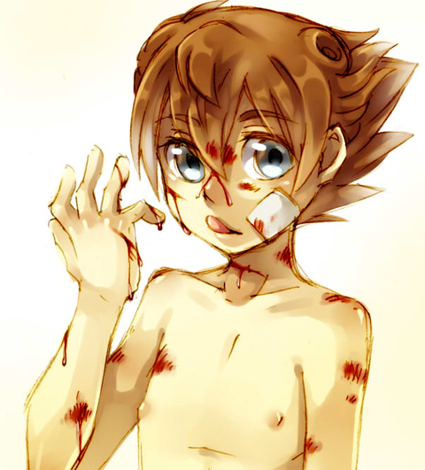 1boy blood brown_hair bust cr72 face inazuma_eleven inazuma_eleven_(series) inazuma_eleven_go injury male matsukaze_tenma nipples shirtless short_hair solo tongue