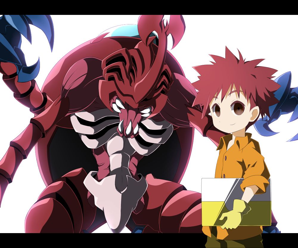 atlurkabuterimon brown_eyes claws computer digimon digimon_adventure gloves horn insect izumi_koushirou laptop lemon_(wzcrybmi) letterboxed male monster multiple_arms red_hair redhead sharp_teeth short_hair