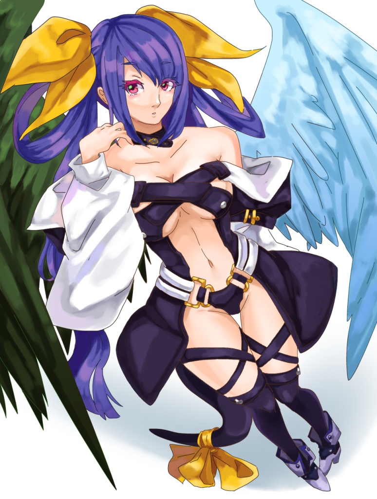 asymmetrical_wings bare_shoulders black_legwear blue_hair boots bow breasts choker detached_sleeves dizzy feathers foreshortening guilty_gear hair_bow jerun jnrghzrg long_hair navel open_mouth red_eyes ribbon solo tail tail_ribbon thigh-highs thighhighs twintails wings