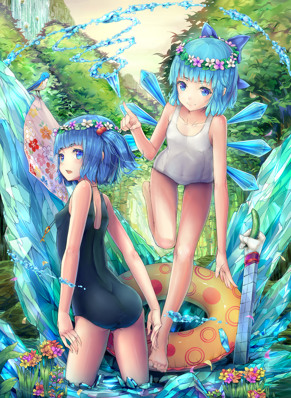 alternate_costume ass bare_legs bare_shoulders barefoot blue_eyes blue_hair blush bow cirno competition_swimsuit cucumber fantasy flower flower_wreath hair_bobbles hair_bow hair_flower hair_ornament head_wreath highres hourainingyou ice icicle innertube kawashiro_nitori looking_at_viewer mechanical_arm multiple_girls nature one-piece_swimsuit partially_submerged school_swimsuit short_hair smile swimsuit touhou twintails water waterfall wreath