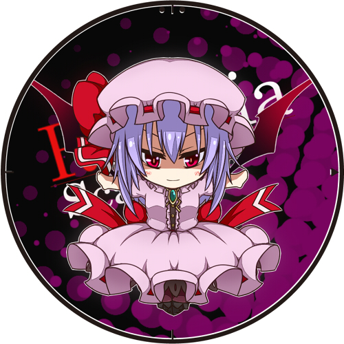 &gt;:) bat_wings blue_hair bow character_name chibi earlgrey hat hat_bow jewelry lowres no_nose puffy_sleeves red_eyes remilia_scarlet short_hair short_sleeves smile solo touhou wings