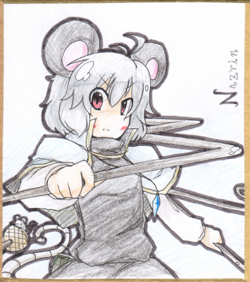ahoge animal animal_ears antenna_hair basket capelet character_name dowsing_rod dual_wielding earlgrey grey_hair long_sleeves mouse mouse_ears mouse_tail nazrin red_eyes shikishi solo tail touhou traditional_media
