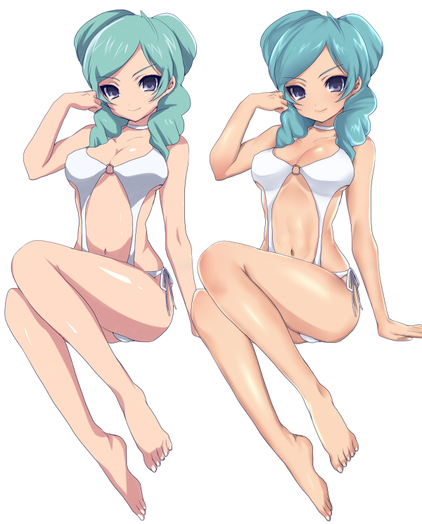 aqua_hair barefoot beta_(inazuma_eleven) breasts choker feet hand_in_hair highres inazuma_eleven inazuma_eleven_(series) inazuma_eleven_go inazuma_eleven_go_chrono_stone long_hair looking_at_viewer mataro navel o-ring_swimsuit purple_eyes simple_background sitting smile solo swimsuit toes violet_eyes white_background