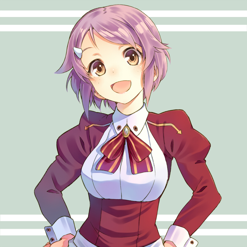 :d bust freckles hair_ornament hairclip hands_on_hips lisbeth looking_at_viewer md5_mismatch open_mouth pink_hair short_hair smile solo sword_art_online t-okada yellow_eyes