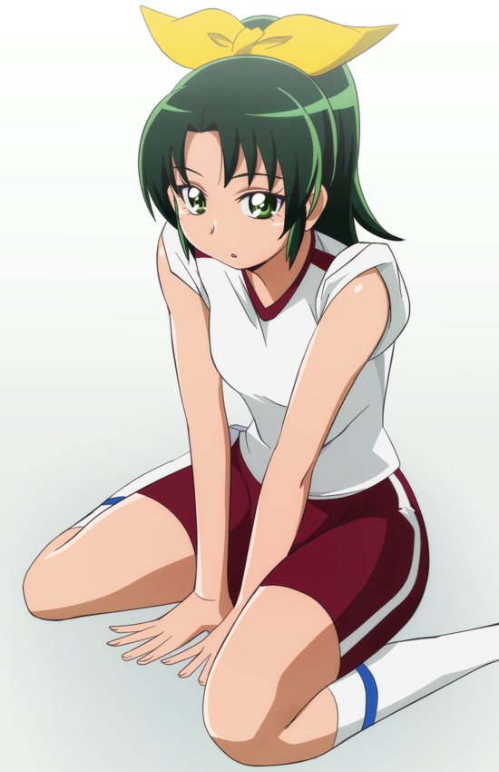 green_eyes green_hair gym_uniform kneehighs manji_(tenketsu) midorikawa_nao ponytail precure short_hair sitting smile_precure! solo tenketu wariza