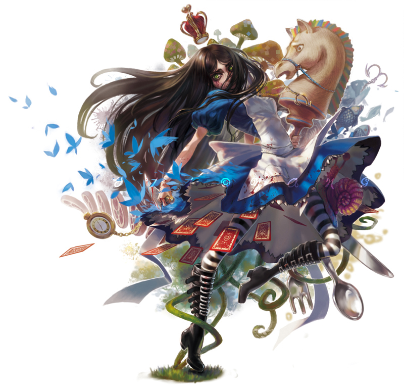 alice alice:_madness_returns alice_(wonderland) alice_in_wonderland american_mcgee's_alice apron black_hair boots butterfly card cards crown dress fish fork green_eyes green_yes knife long_hair mushroom pantyhose snail solo spoon stopwatch striped striped_legwear thighhighs watch weapon yang_niangniang