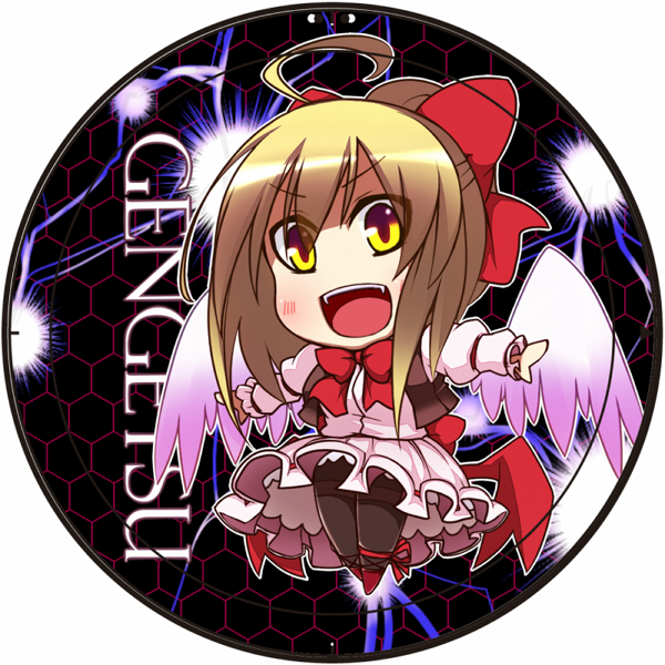 &gt;:d :d ahoge blonde_hair bow chibi earlgrey gengetsu hair_bow long_sleeves no_nose open_mouth puffy_sleeves smile solo touhou touhou_(pc-98) vest white_wings wings yellow_eyes